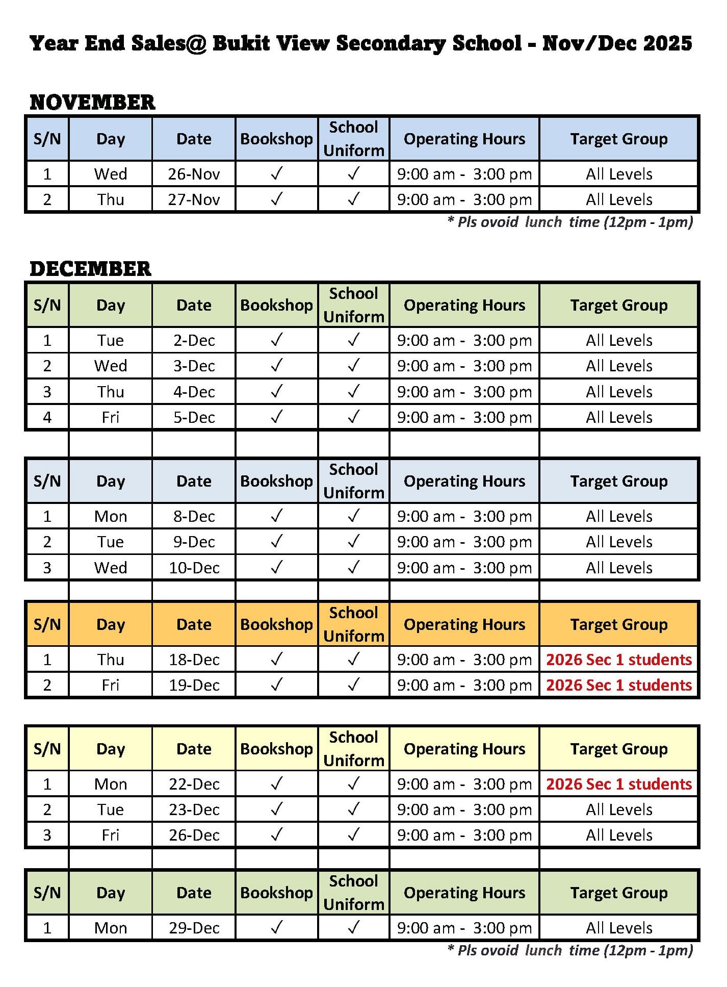 Year-end walk-in purchase and FAS collection schedule at Bukit View Secondary School for November and December 2025, showing dates, operating hours and target groups.